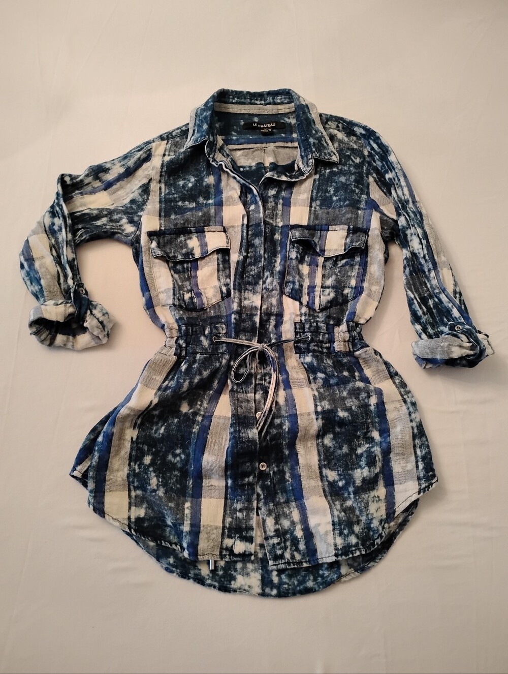 le chateau Acid Wash Blue and White Plaid Tie-Waist Tunic